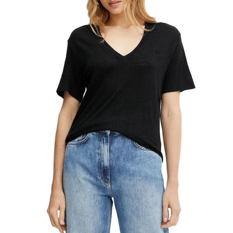 Boss T-Shirt V Neck In Lightweight Linen-Black Boss T-Shirt V Neck In Lightweight Linen-Black