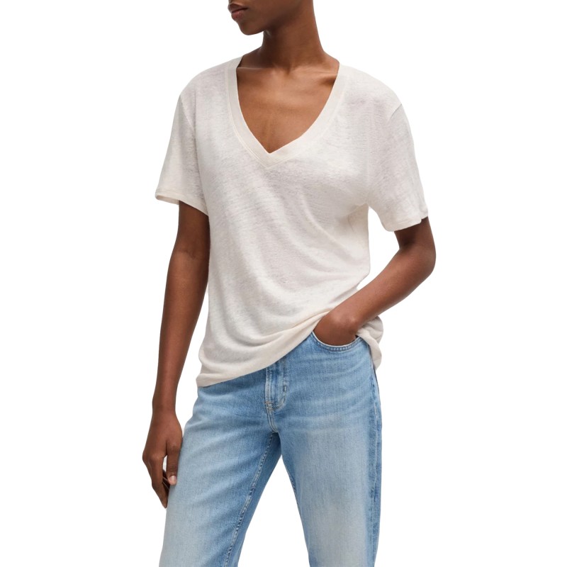 Boss T-Shirt V Neck In Lightweight Linen-Open White Boss T-Shirt V Neck In Lightweight Linen-Open White
