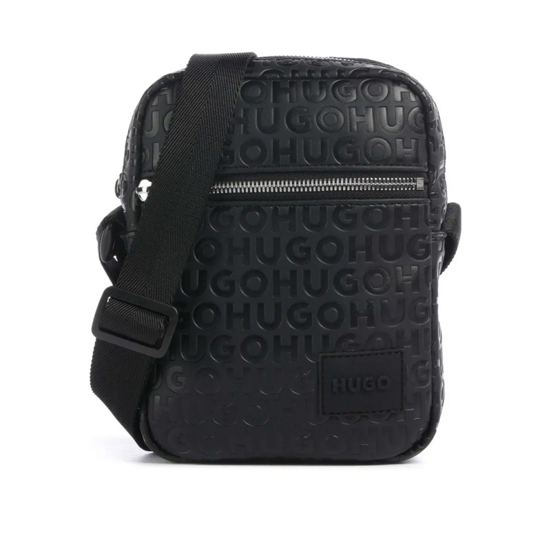 Hugo Ethon Reporter Bag with All-Over Logo Lettering-Black