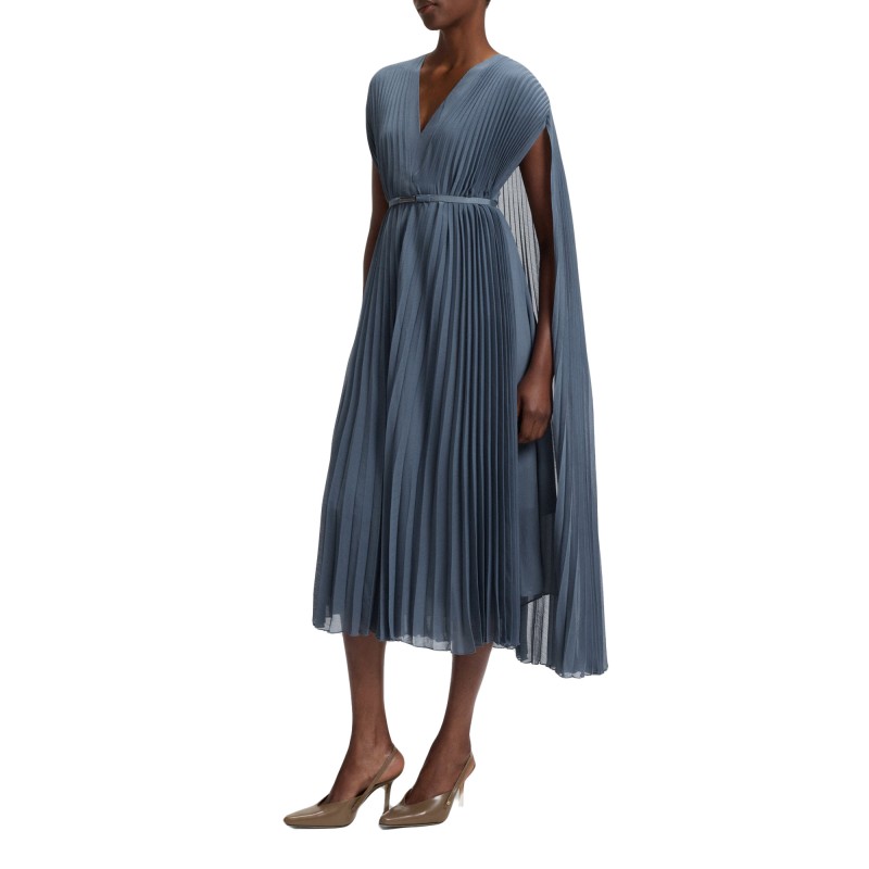 Boss Dress Belted In Crinkle Chiffon With Overlay-Blue Boss Dress Belted In Crinkle Chiffon With Overlay-Blue