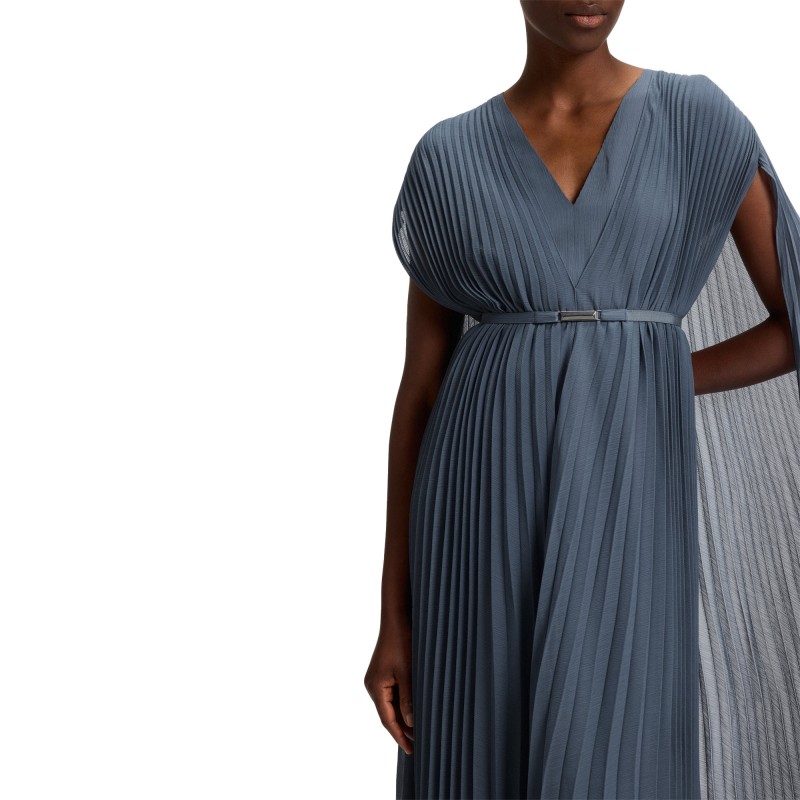 Boss Dress Belted In Crinkle Chiffon With Overlay-Blue Boss Dress Belted In Crinkle Chiffon With Overlay-Blue