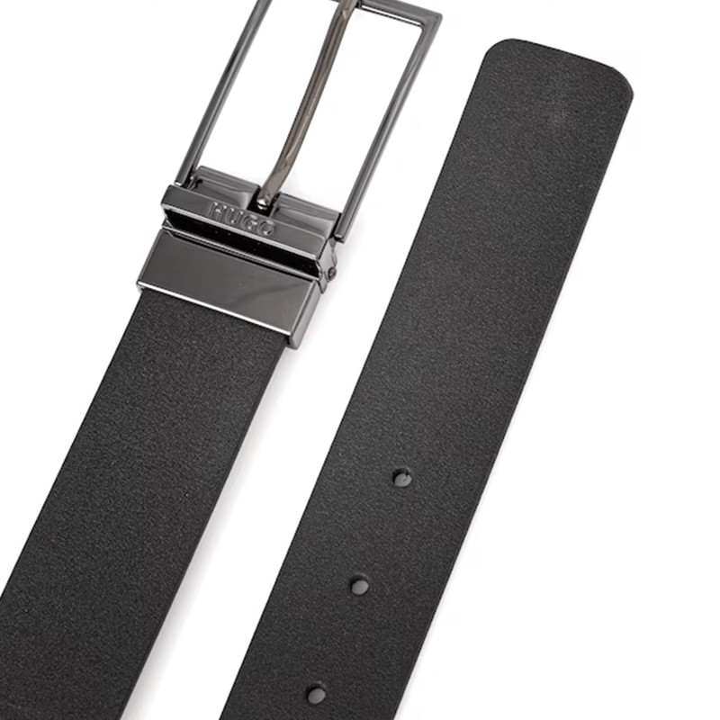 Hugo Belt Leather With Logo-Engraved Gunmetal Keeper-Black