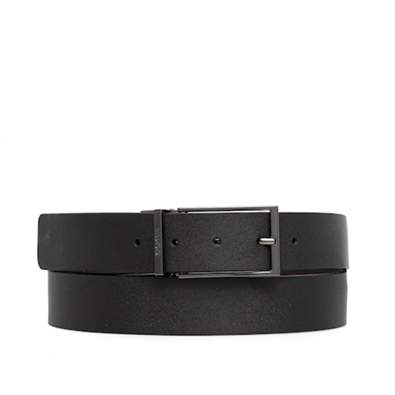 Hugo Belt Leather With Logo-Engraved Gunmetal Keeper-Black