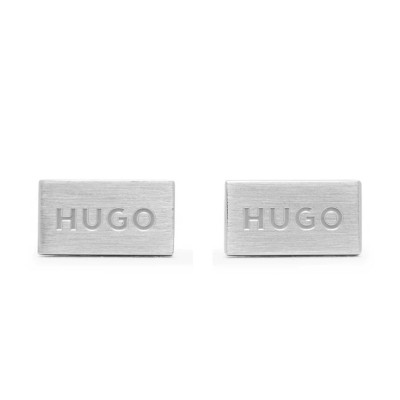 Hugo Rectangular Cufflinks With Brushed Finish And Engraved Logo-Silver