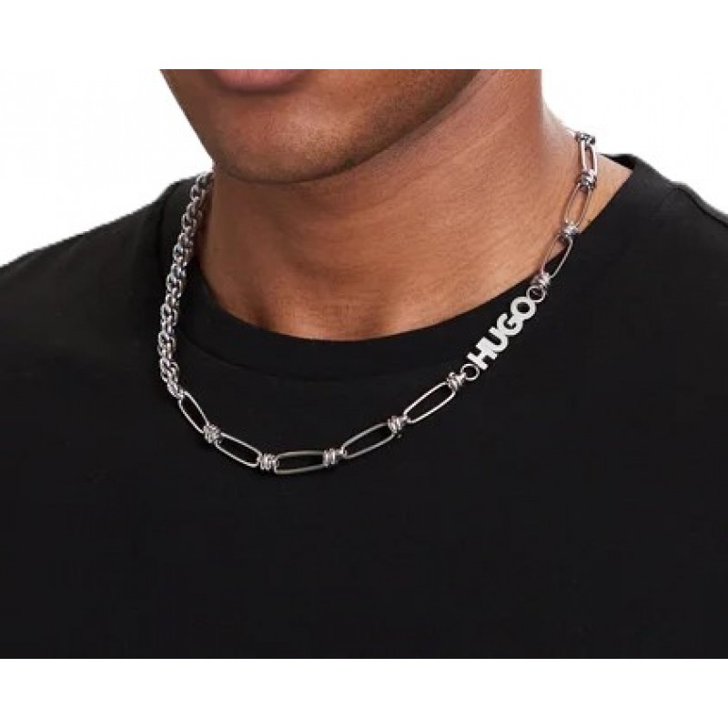 Hugo Necklace Logo Pendant Cable Rope Chain-Silver Hugo Necklace Logo Pendant Cable Rope Chain-Silver