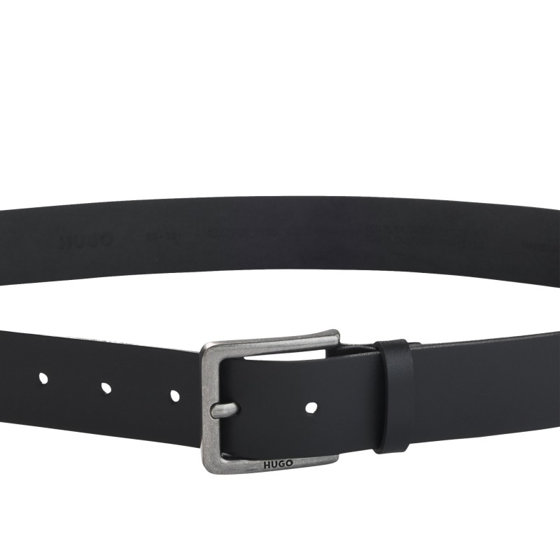 Hugo Belt Smooth Leather With Engraved Antique Silver Buckle-Black