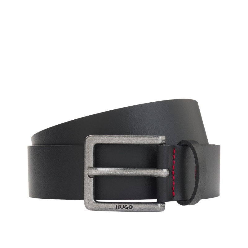 Hugo Belt Smooth Leather With Engraved Antique Silver Buckle-Black