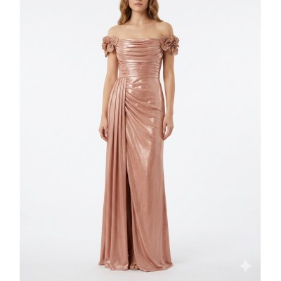 Maestri Haute Couture Dress Long Shimmering Draped Embellished-Peach Maestri Haute Couture Dress Long Shimmering Draped Embellished-Peach