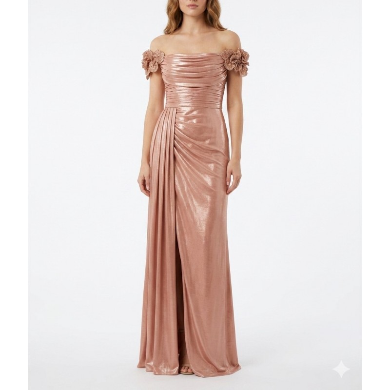 Maestri Haute Couture Dress Long Shimmering Draped Embellished-Peach