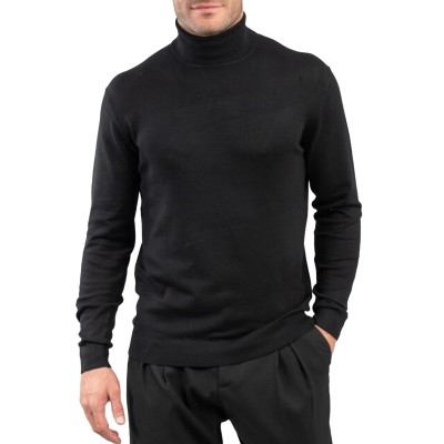Vittorio Basic Turtleneck Sweater In Viscose Fabric-Pitch Black