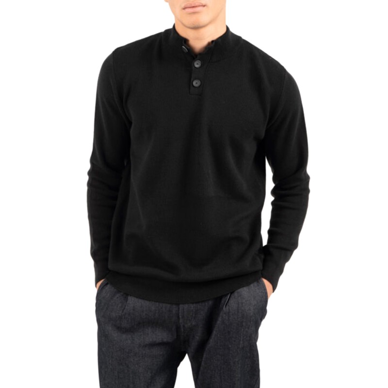 Vittorio Sweater Knitted Turtleneck Placket-Button Closure-Black