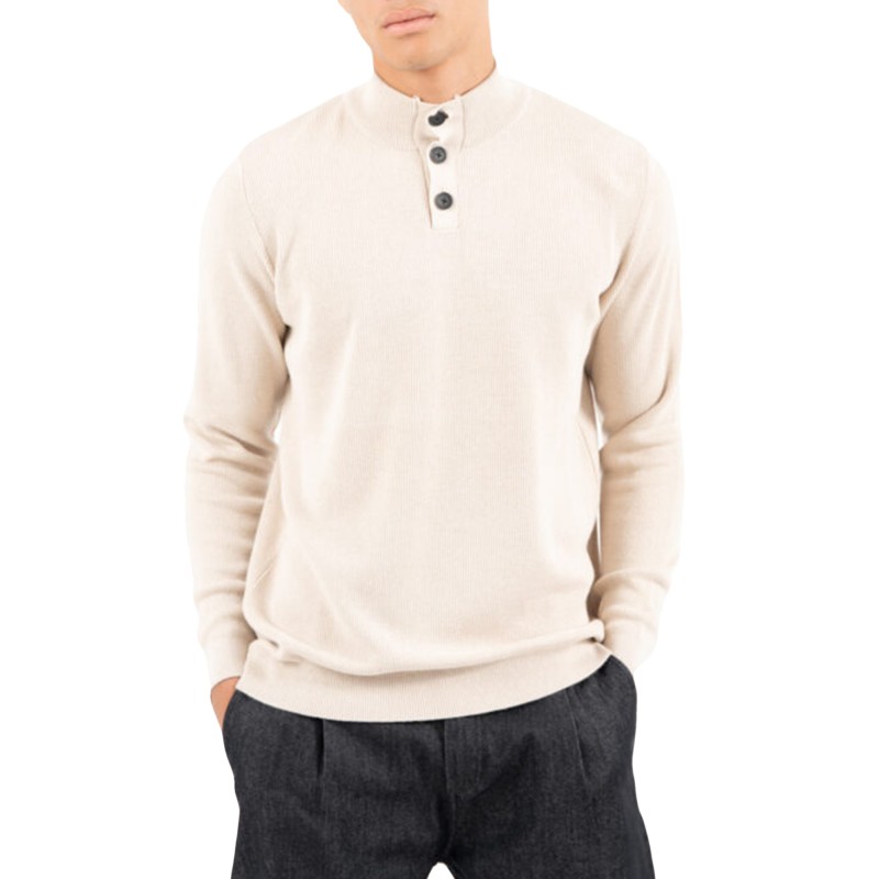Vittorio Sweater Knitted Turtleneck Placket-Button Closure-Stone
