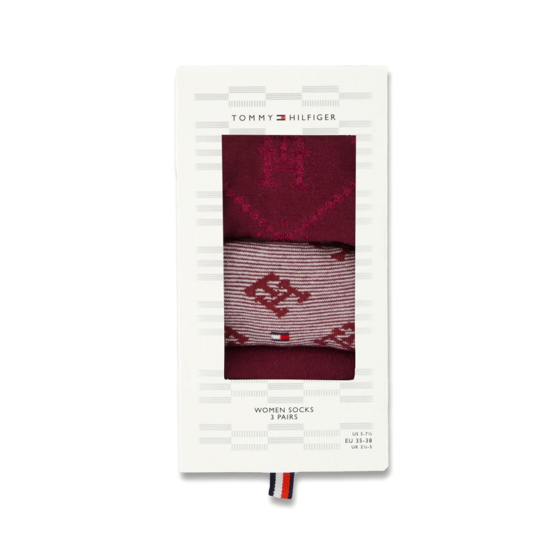Tommy Hilfiger Women 3-Pack Socks Monogram Giftbox-Deep Rouge