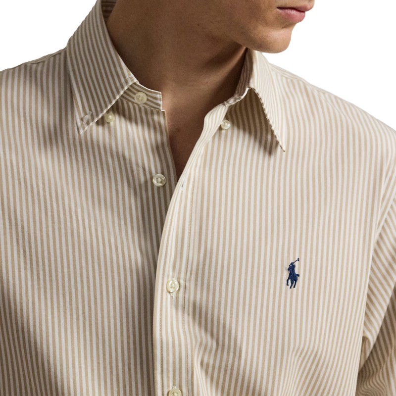 Polo Ralph Lauren Shirt Custom Fit Striped Stretch Poplin-Beige/White