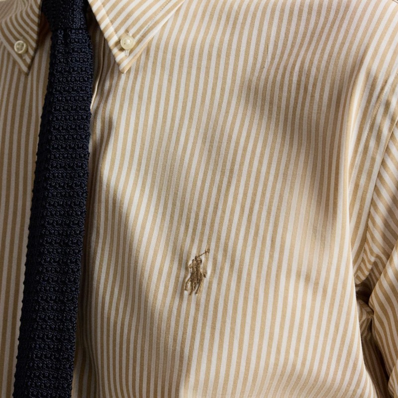Polo Ralph Lauren Shirt Stripped Custom Fit Stretch-Khaki/White Polo Ralph Lauren Shirt Stripped Custom Fit Stretch-Khaki/White