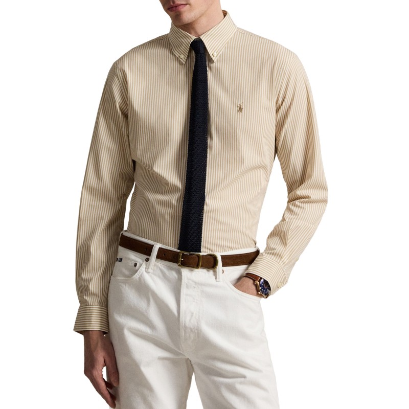 Polo Ralph Lauren Shirt Stripped Custom Fit Stretch-Khaki/White Polo Ralph Lauren Shirt Stripped Custom Fit Stretch-Khaki/White