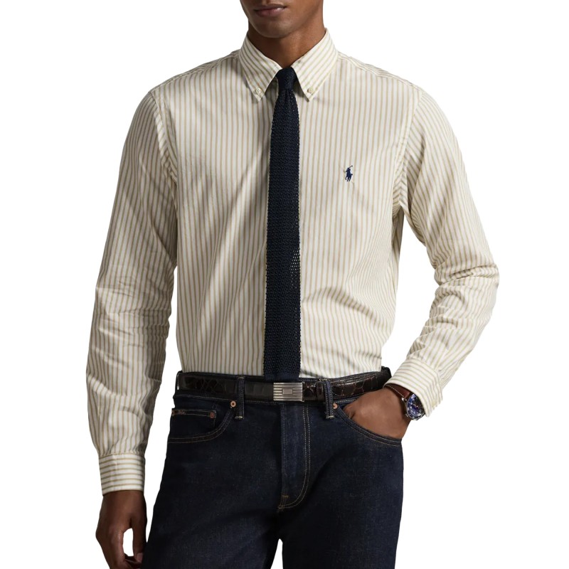 Polo Ralph Lauren Shirt Custom Fit Striped Broadcloth-White/Beige