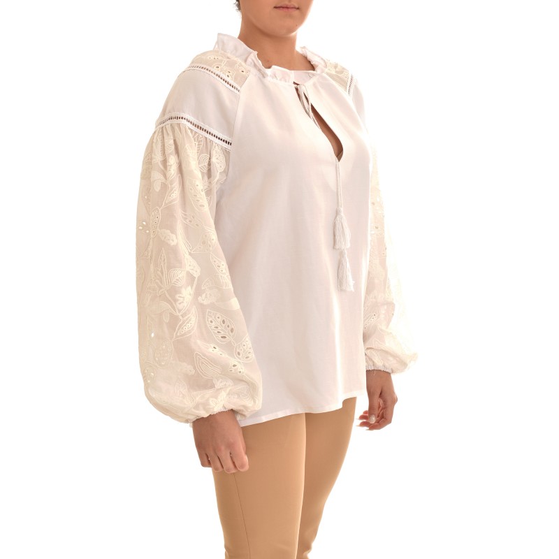 Kasia Tunic With Embroidered Sleeves-White Kasia Tunic With Embroidered Sleeves-White