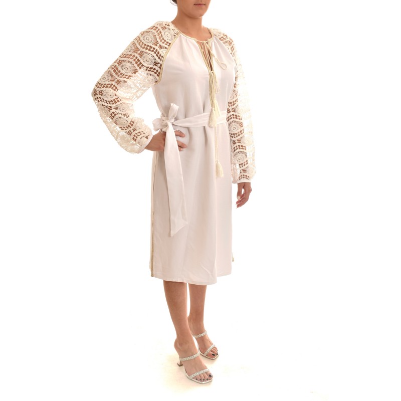 Kasia Belted Sleeve Embroidered Dress-White Kasia Belted Sleeve Embroidered Dress-White