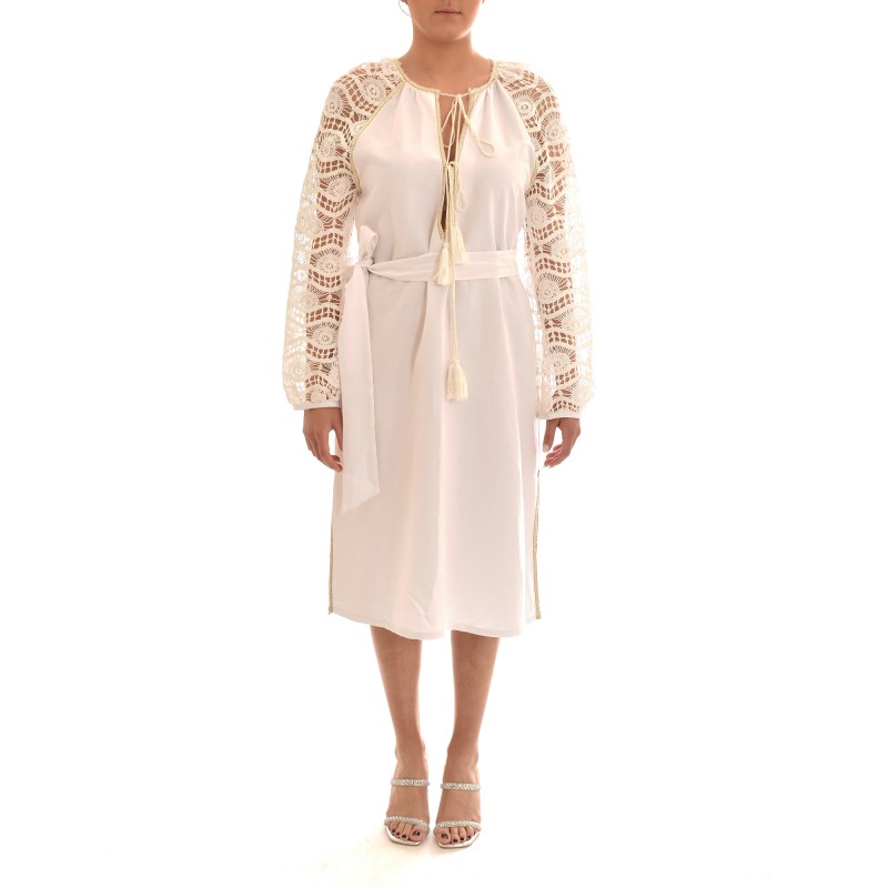 Kasia Belted Sleeve Embroidered Dress-White Kasia Belted Sleeve Embroidered Dress-White