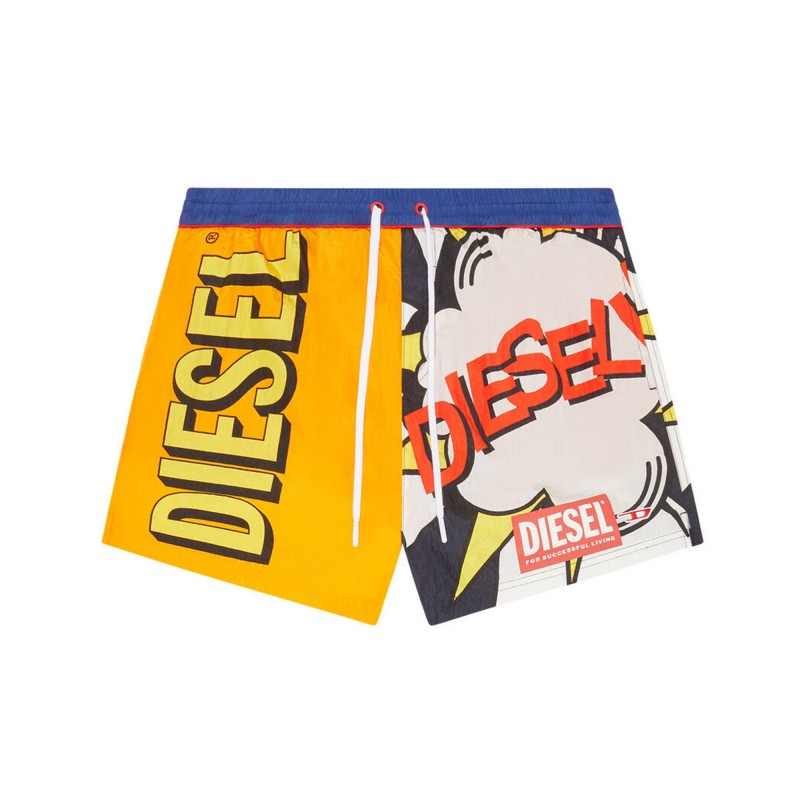 Diesel Swim Shorts With Patchwork Graphics-Blue/Yellow