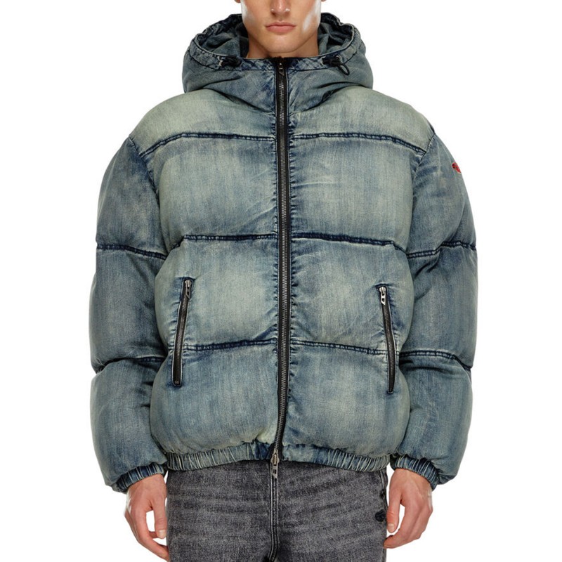 Diesel Distressed Denim Effect Puffer Jacket-90's Pale Denim Diesel Distressed Denim Effect Puffer Jacket-90's Pale Denim