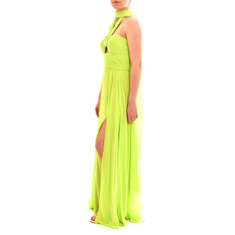 Allure Long Plisse Patterned Dress With Neck Bow-Lime