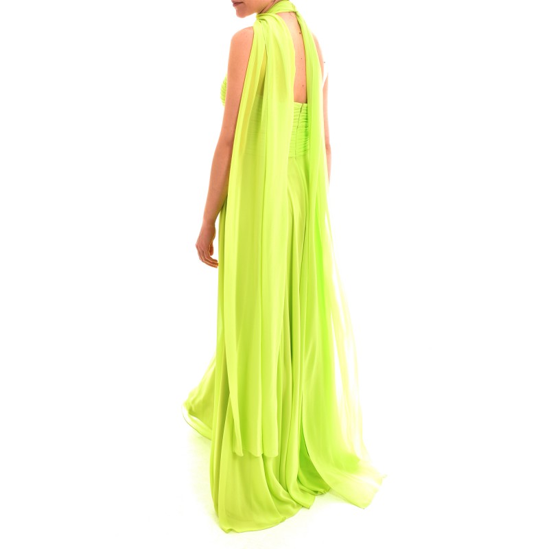 Allure Long Plisse Patterned Dress With Neck Bow-Lime