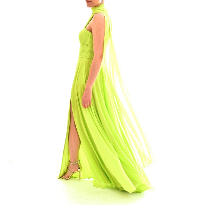 Allure Long Plisse Patterned Dress With Neck Bow-Lime