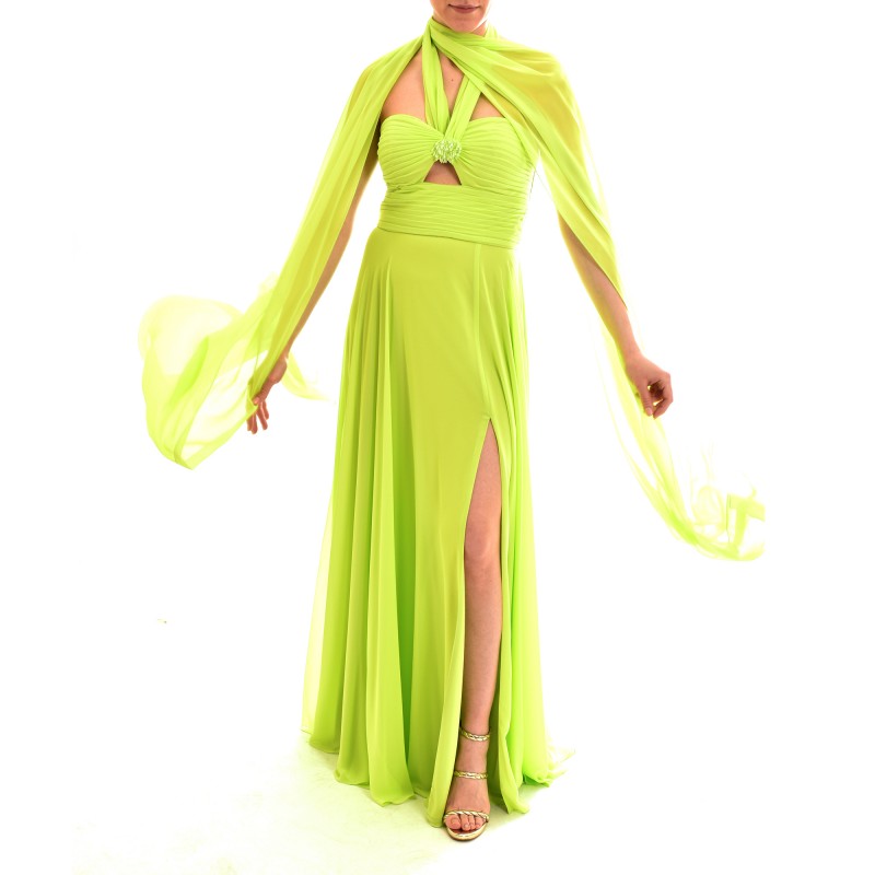 Allure Long Plisse Patterned Dress With Neck Bow-Lime