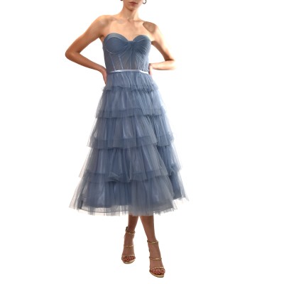 Allure Evening Dress Midi Strapless Tulle-Indigo