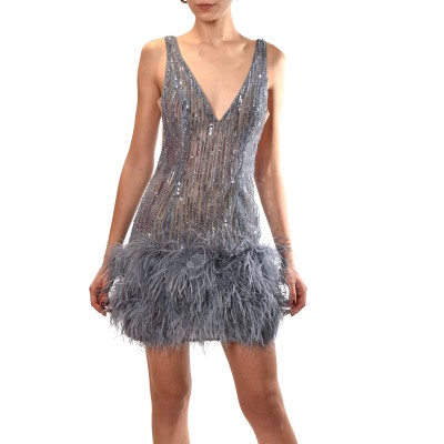 Allure Evening Dress Short With Sequins And Feathers-Indigo