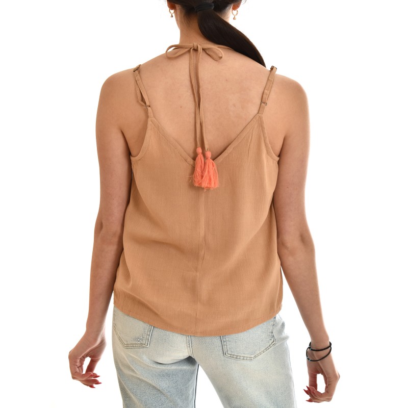 Nekane Top With Ethnic Embroidery & Ribbon-Sand