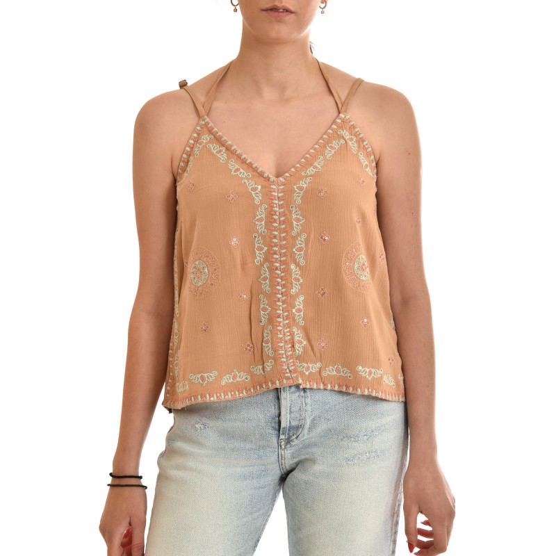 Nekane Top With Ethnic Embroidery & Ribbon-Sand