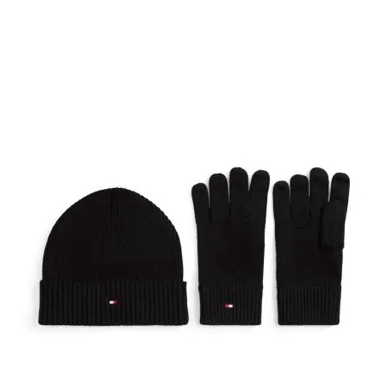 Tommy Hilfiger Flag Beanie And Gloves Gift Set-Black