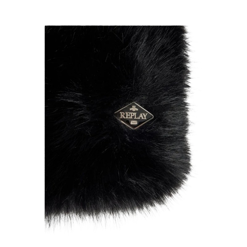 Replay Scarf Faux Fur With Diamond Logo-Black Replay Scarf Faux Fur With Diamond Logo-Black