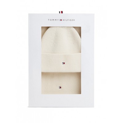 Tommy Hilfiger Beanie & Scarf TH Flag Gift Box-Soft Cream