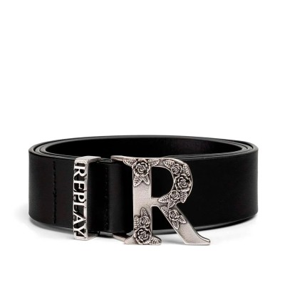 Replay Belt Monogram Buckle-Black/Silver