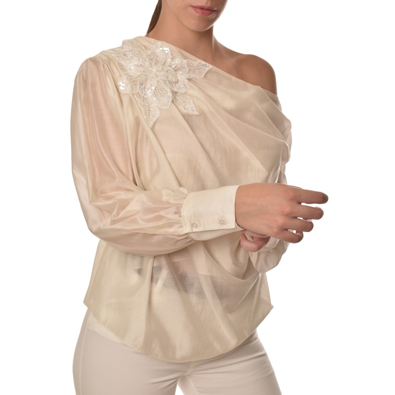 Motel Shirt With Embroidery Flower With Sequins-Ecru
