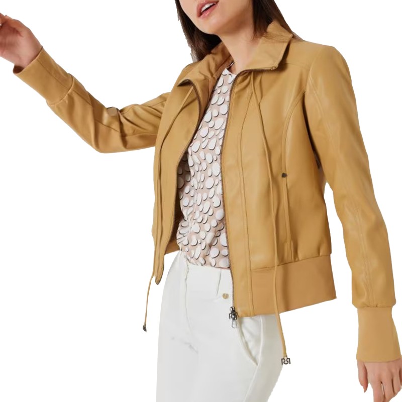 Rinascimento Leather Effect Jacket With High Collarline-Mocha