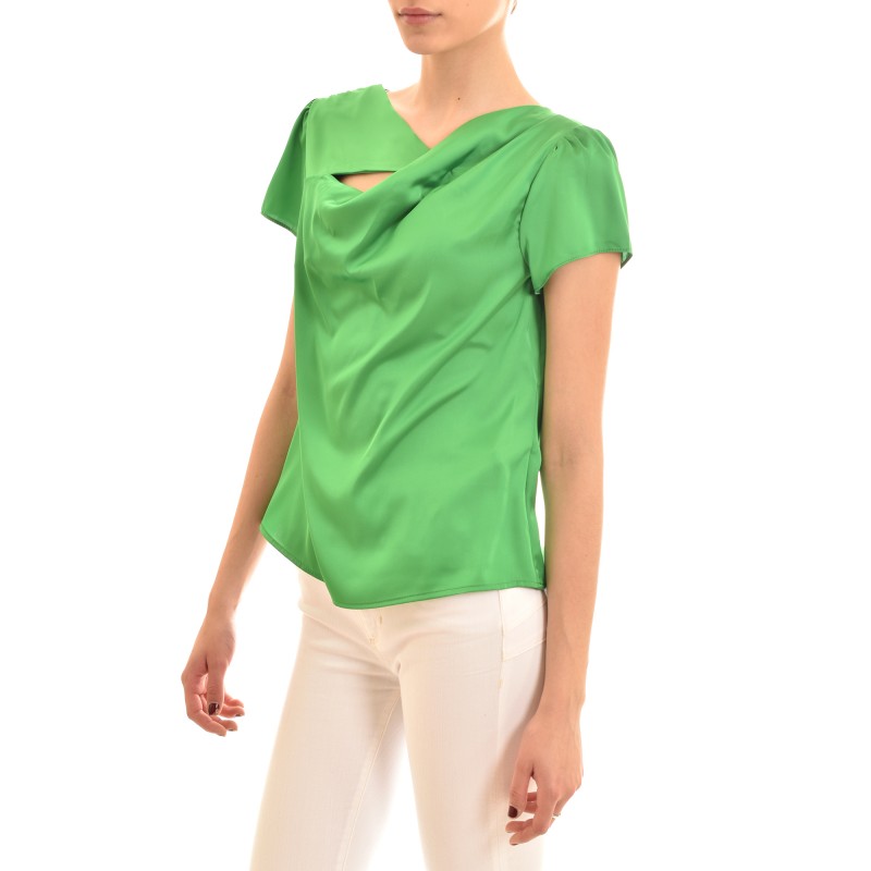 Rinascimento Un-Even Chestline Satin Blouse-Leaf Green Rinascimento Un-Even Chestline Satin Blouse-Leaf Green