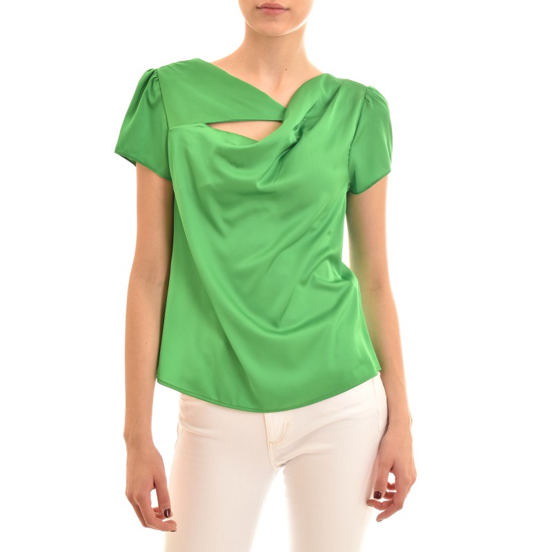 Rinascimento Un-Even Chestline Satin Blouse-Leaf Green Rinascimento Un-Even Chestline Satin Blouse-Leaf Green