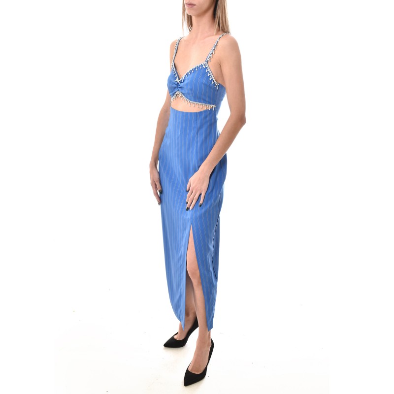 Milkwhite Cut Out Detail Stripped Dress With Crystals-Stripes Blue Milkwhite Cut Out Detail Stripped Dress With Crystals-Stripes Blue
