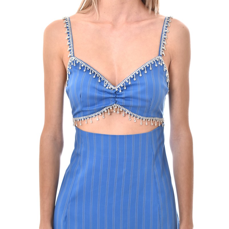 Milkwhite Cut Out Detail Stripped Dress With Crystals-Stripes Blue Milkwhite Cut Out Detail Stripped Dress With Crystals-Stripes Blue