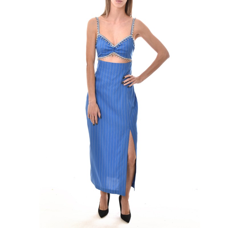 Milkwhite Cut Out Detail Stripped Dress With Crystals-Stripes Blue Milkwhite Cut Out Detail Stripped Dress With Crystals-Stripes Blue