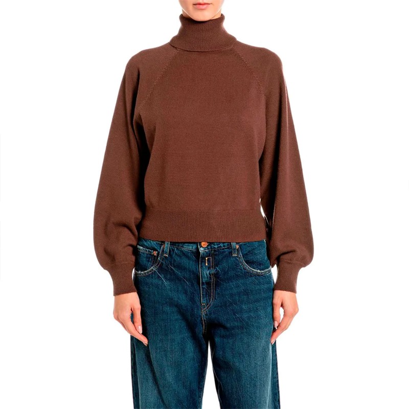 Replay Sweater Tutrleneck With Puff Sleeves-Brown Replay Sweater Tutrleneck With Puff Sleeves-Brown