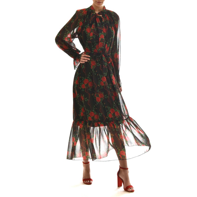 We_Are Dress Long Scarf Collar With Roses Pattern All Over-Roses We_Are Dress Long Scarf Collar With Roses Pattern All Over-Roses