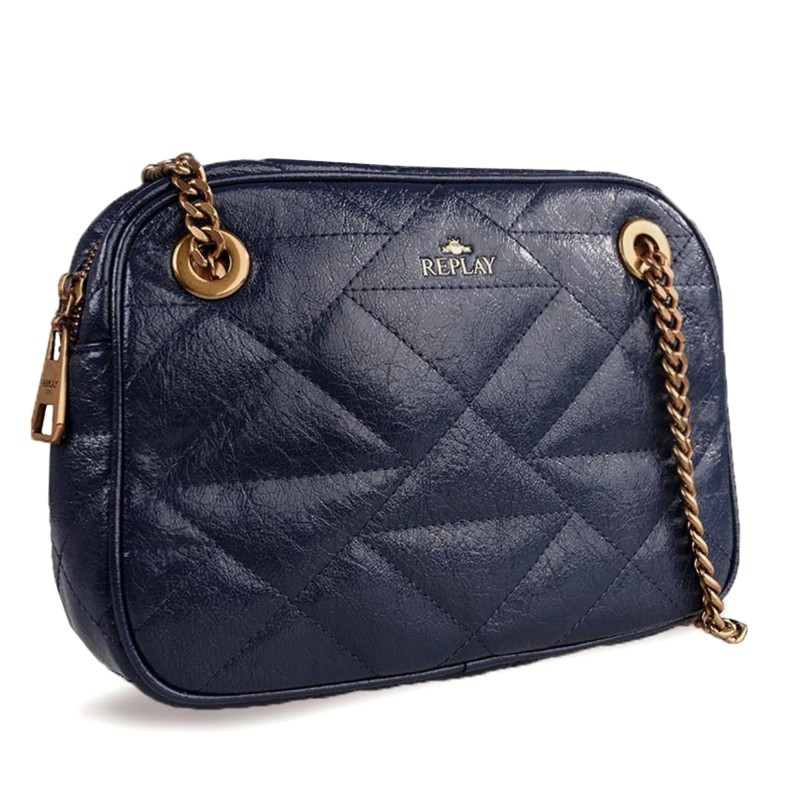 Replay Quilted Crossbody Bag With Golden Chain-Dark Blue