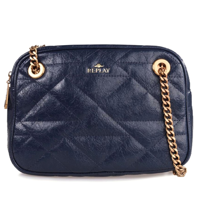 Replay Quilted Crossbody Bag With Golden Chain-Dark Blue
