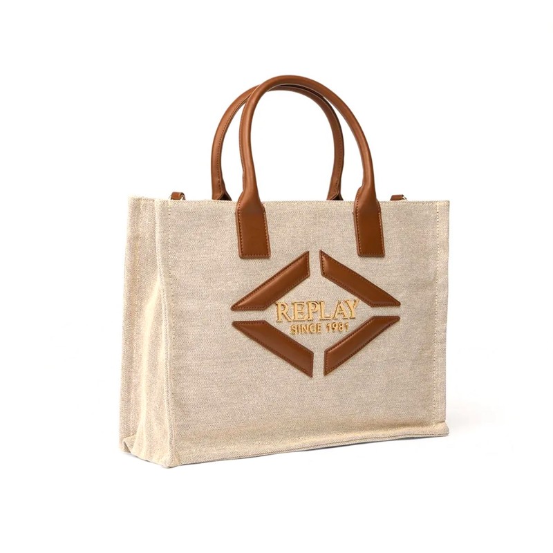 Replay Bag Tote Canvas With Logo-Beige